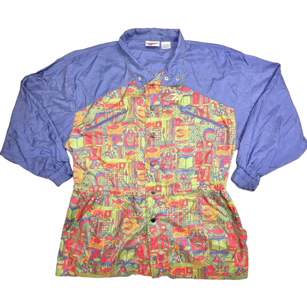 Vintage 90s Reebok Unisex L Abstract Fish Print Nylon Windbreaker Jacket